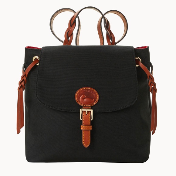 Dooney & Bourke Handbags - Dooney & Bourke Nylon Flap Backpack - black with brown leather trim